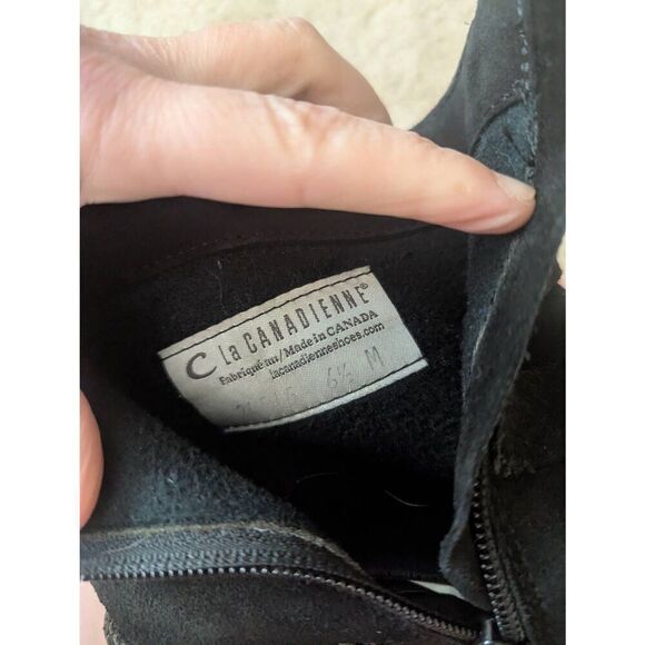 LA Canadienne Women's 6.5M Black Leather Suede Buckle Heeled Booties Boots - Picture 5 of 6